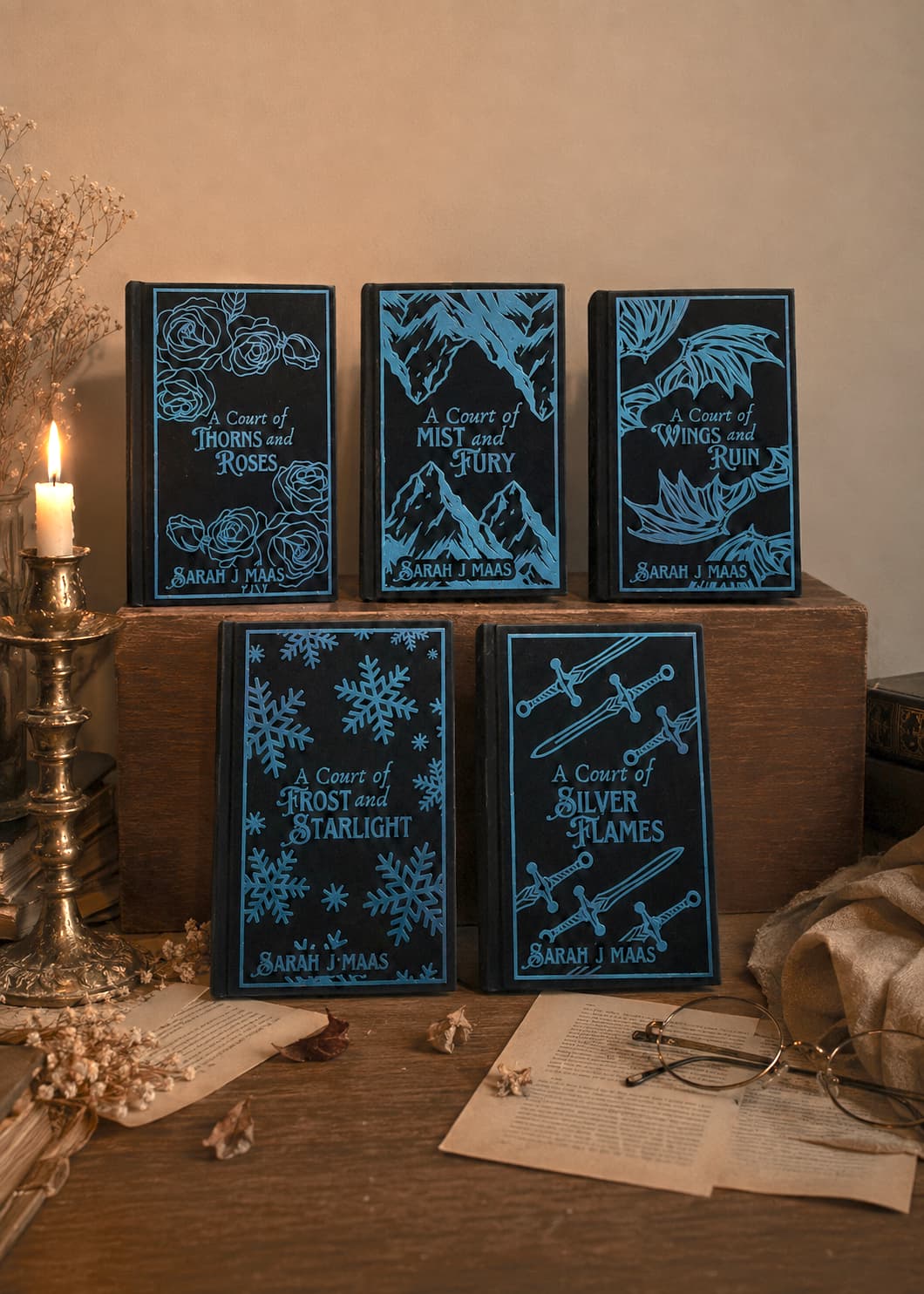 A Court of Thorns and Roses rebind, dark blue cotton with blue foil
